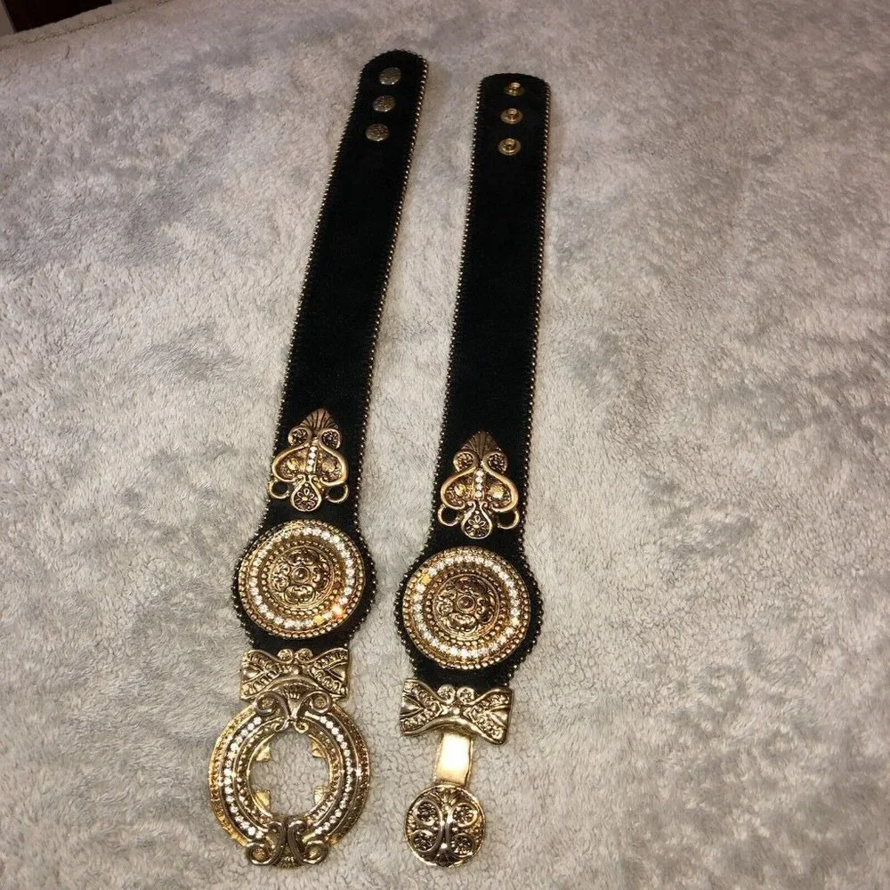 Vintage IBEL Italy Black Suede Adjustable Gold Buckle Details Jewels Waist